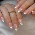 24Pcs Almond Nail with Beveled French Design Glitter Stripes False Nails Round Head Wearable Press on Nails Manicure Tips. 