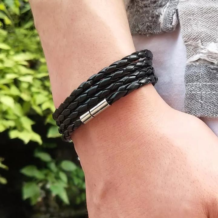PU%20Leather%20Bracelet%20Black%20Silver%20Men's%20Unisex%20-%20Image%203