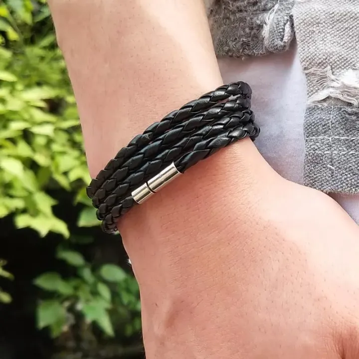 PU%20Leather%20Bracelet%20Black%20Silver%20Men's%20Unisex%20-%20Image%203