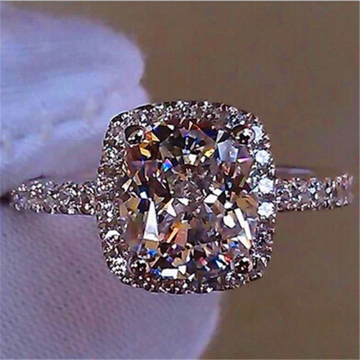 Luxury Female Girl Big Crystal CZ Stone Ring Silver Color White