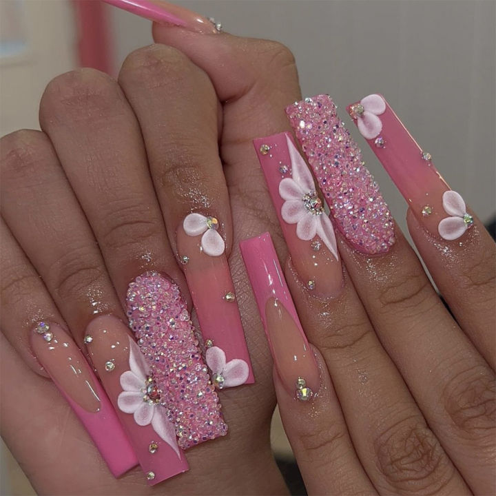 24pc French artificial nails with designs y2k butterfly 3D charms press on nails XLong ballet coffin false nails with rhinestone
