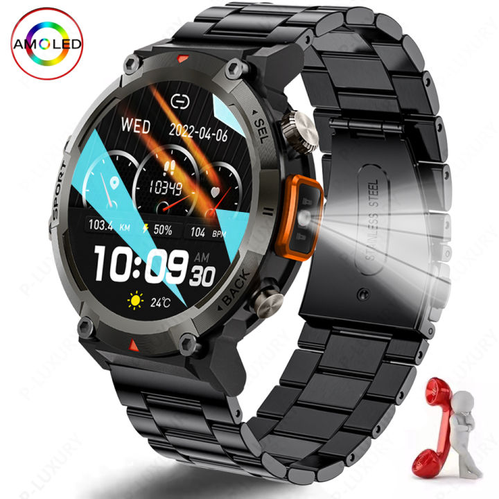 New Outdoor Sport Smart Watch Flashlight 1.45 AMOLED Screen Bluetooth Call For Men Fitness Tracker SmartWatch Android IPhone IOS