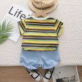 【LuckyBabyFans Store】（NEW）Children's set for boys summer stylish and handsome baby boy's clothing Striped cartoon crocodile Top shorts sets. 