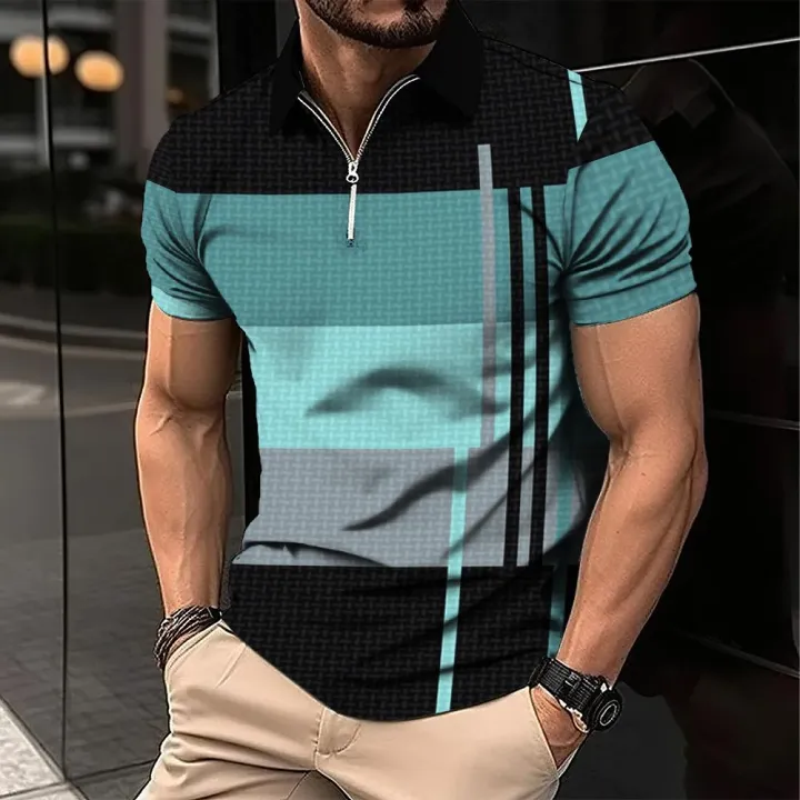 Men's%20Zip%20Polo%20Shirt%203d%20Stripe%20Print%20Fashion%20Clothing%20Summer%20Business%20Casual%20T-Shirt%20Mens%20Polo%20Shirt%20Zip%20Short%20Sleeve%20Street%20Top%20-%20Image%204
