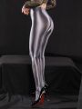 Shiny Open Crotch Tight Pencil Pants Hollow Out Yoga Leggings Sheer See Through Oil Glossy Elastic Shaping Pants Candy Color. 