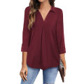 Womens relax wear Collared V Neck 3/4 Sleeve Shirts Business Casual Tops Loose Fit Work Blouses. 