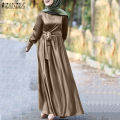 ZANZEA Muslimah Women Muslim Long Sleeve Satin Silky Evening Bowknot Waist Dancing Maxi Dress. 