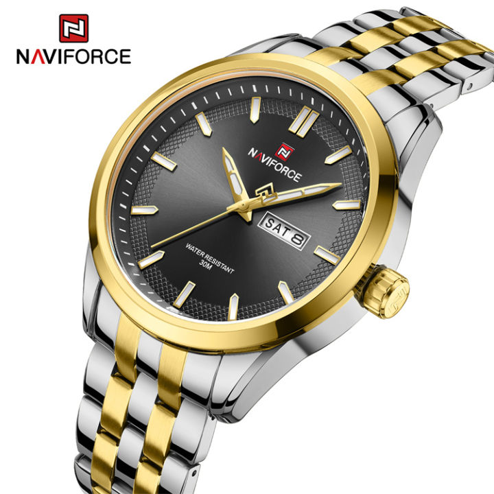 NAVIFORCE 9203 Business mens watches stainless steel strap with Day Quartz Wristwatches- Two Tone & Black