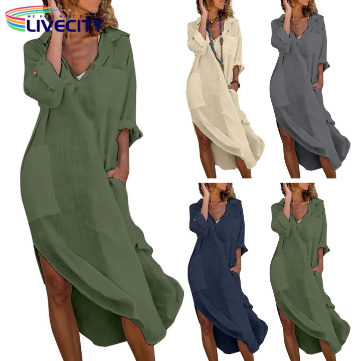 Women%20Midi%20Dress%20Summer%20V-neck%20Shirt%20Dress%20with%20Pockets%20Side%20Split%20Perfect%20for%20Beach%20Holidays%20less%20Than%20Women%20Side%20Slit%20Hem%20Dress%20-%20Image%208