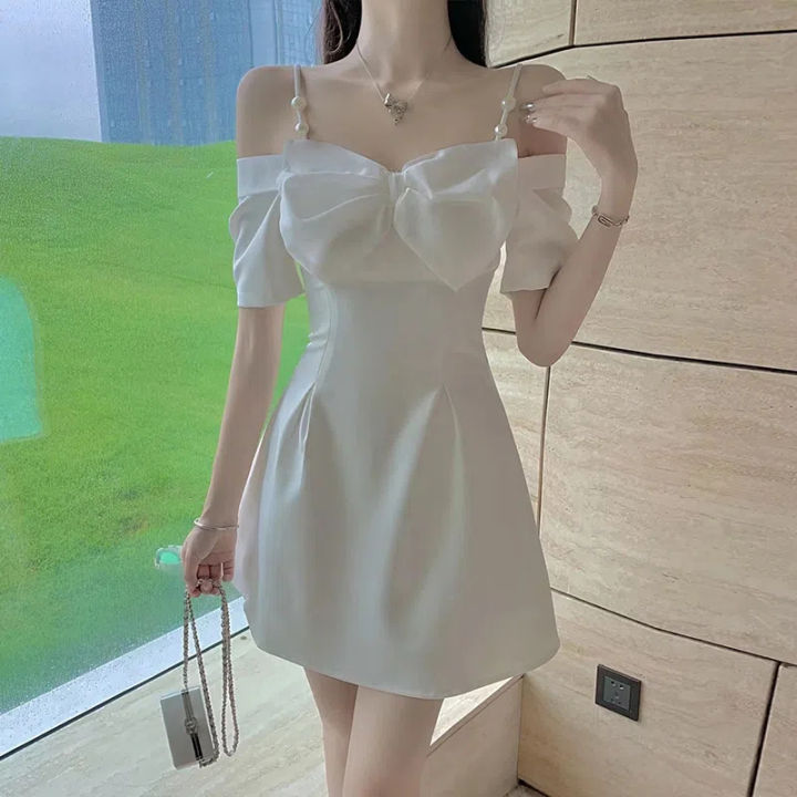 Zoki Bow Slash Neck Dress Women Summer Korean Elegant White Mini Dress  Fashion All Match Party Night Camis Vestidos Shapewear | Daraz.com.bd