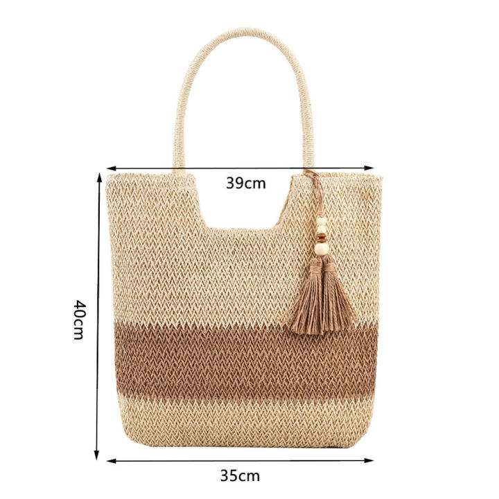 Straw Beach Bag Summer Woven Tote Bag with Tassels Large