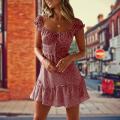 Dress Pleated Short Sleeve Mini Dress Summer Polka Dot Print Neckline Waistband Dress 2023 New Women Solid Tie vestidos.