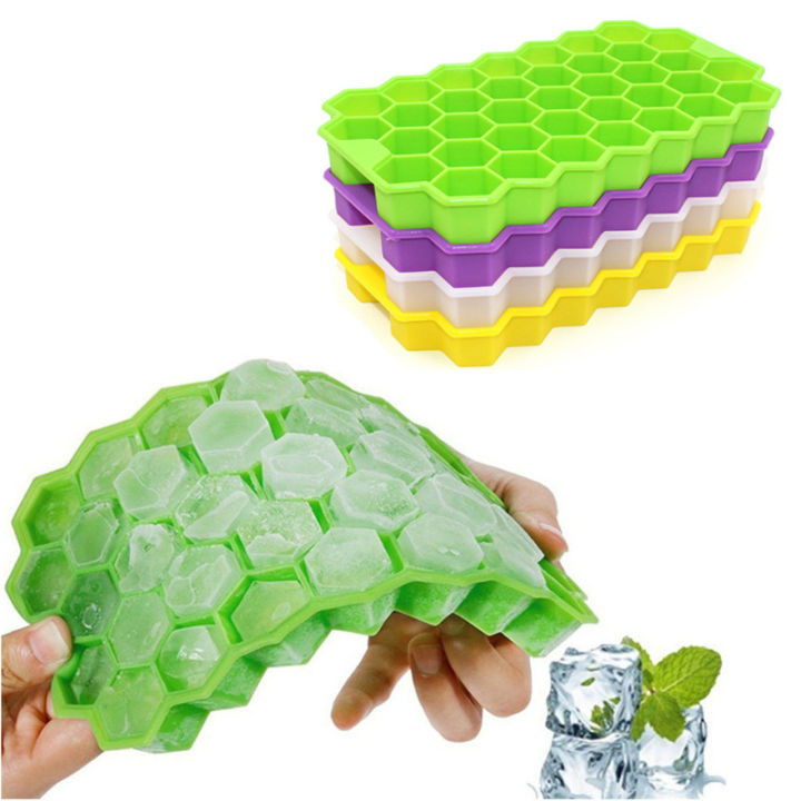 37 Cavities Honeycomb Shaped Stackable Durable Dishwasher Safe Silicone Ice Cube Tray Mold Maker With Lid