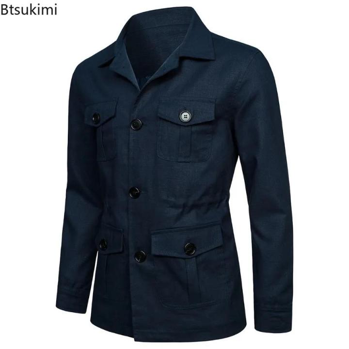 2024%20British%20Style%20Men's%20Linen%20Safari%20Jackets%20Fashion%20Vintage%20Multi%20Pockets%20Cargo%20Jacket%20Streetwear%20Gentry%20Casual%20Outerwear%20Male%20-%20Image%204