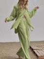 Ladies qualityful Cotton Maxi Shirt Fall Wide Leg Pants Set Two Piece Set Vintage Loose Streetwear Outfits. 