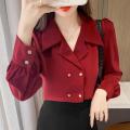 119 Red Shirt Women's Spring Clothes 2022 New Elegant Double Breasted Puff Sleeve Business Shirt Retro Hong Kong Style Top. 