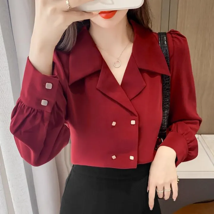 119%20Red%20Shirt%20Women's%20Spring%20Clothes%202022%20New%20Elegant%20Double%20Breasted%20Puff%20Sleeve%20Business%20Shirt%20Retro%20Hong%20Kong%20Style%20Top%20-%20Image%207