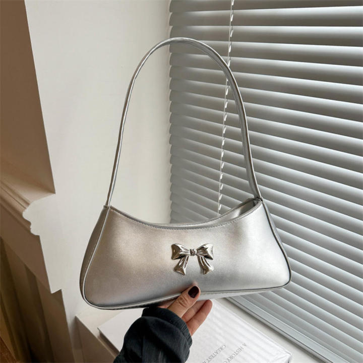 Handbag Chic Bow Pu Leather Shoulder Bag French Design Textured Underarm Bag for Women Evening Casual Party Gift
