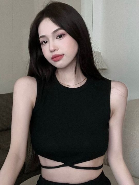 2024%20Summer%20Korean%20Style%20Sexy%20Hot%20Girl%20Lace-up%20Vest%20All-Matching%20Sexy%20Small%20Sling%20Fixed%20Cup%20round%20Neck%20Outerwear%20Top%20-%20Image%203