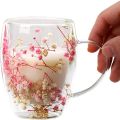 Dried Flower Double Walled Glass Mug 350ml Coffee Mug with Dry Flowers Decorative and Creative Flower Mug Double Wall Flower Cup.