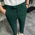 2022 Summer Fashion Mens Dark Green Suit Pants Pure Color Business Occupation Slim Fit Dress Office Ankle Trousers. 