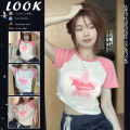 Pink chic Sweet Hot Girl Slimming and Tight Short Top Women's Summer French Minority Midriff-Baring Short Sleeve Shoulder T T-shirt.