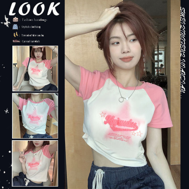 Pink chic Sweet Hot Girl Slimming and Tight Short Top Women's Summer French Minority Midriff-Baring Short Sleeve Shoulder T T-shirt