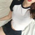 DICLOUD Splice Casual Tees Ladies Simple O Neck Short Sleeve Short Tops Women Fashion Tight White Black T Shirt Female. 
