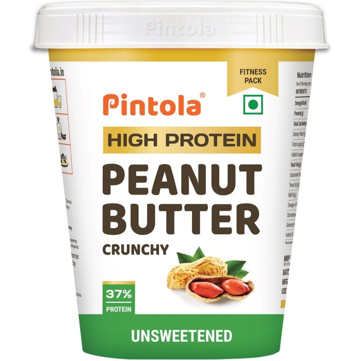 Pintola High Protein All Natural Peanut Butter | Unsweetened | 37% Protein | Imported Whey Protein and Roasted Peanuts (Crunchy, 1kg)