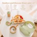7pcs Bamboo Wooden Dinosaur Dinner Plates Children Tableware Feeding Supplies Suction Bowls BPA Free Infant Baby Tableware Set. 