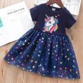 2023 New Summer Girls Dress Cotton Cartoon Unicorn Splicing Mesh Party Princess Dresses For 2-6 Years Girls Birthday Clothes.
