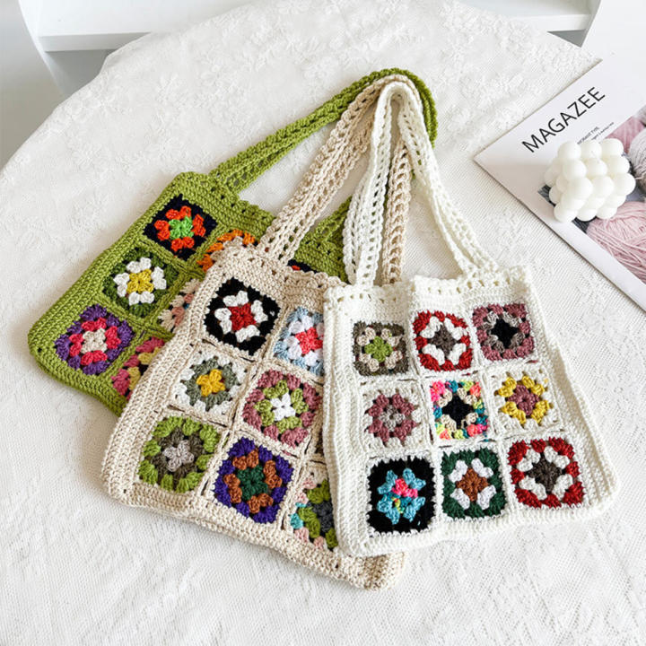 Handmade Crochet shoulder bag Fashionable Grid pattern Shoulder