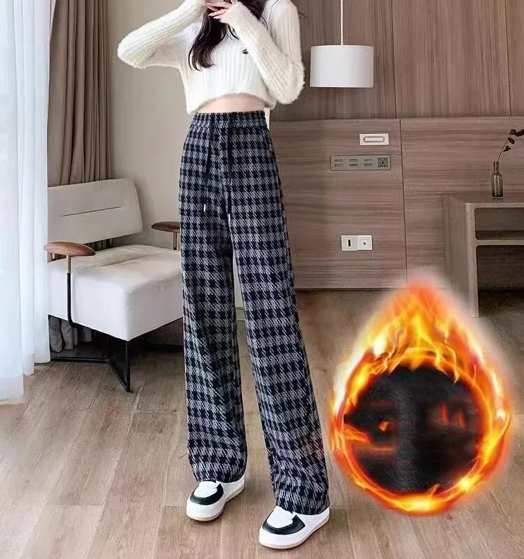 ITOOLIN Women Plaid Tweed High Waist Pants Thicken Velvet Warm