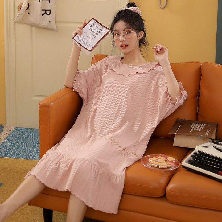 100% Pure Cotton Nightdress Women's Summer Short Sleeve Japanese Sweet Princess Style Pajamas Summer Overknee Long Girl Night Dress