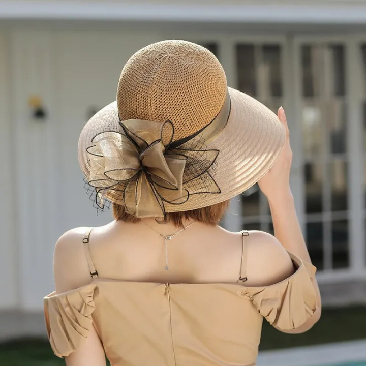 New%20Flower%20Summer%20Sun%20Hats%20For%20Women%20Beach%20Beige%20Organza%20Tea%20Party%20Hat%20Elegant%20Ladies%20Church%20Kentucky%20Derby%20Wide%20Brim%20Fedoras%20-%20Image%204