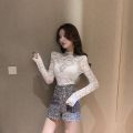 Girls Hollow Out Lace Blouses Shirts Tees FemaleTurtleneck Basic Elegant Slim Elastic Full Sleeve Black Blouses Tops For Women. 