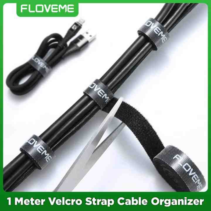 Floveme 1 Meter Velcro Strap Cable Organizer Wire Winder Tool For Managing Earphone Headphone Mouse Keyboard Charging Cable Desktop PC Cable Management - Black