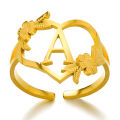 Stainless Steel Initials Flower Heart Rings Gold Color Adjustable Delicate Letter Leaf Rings For Women Girl Alphabet Jewelry. 