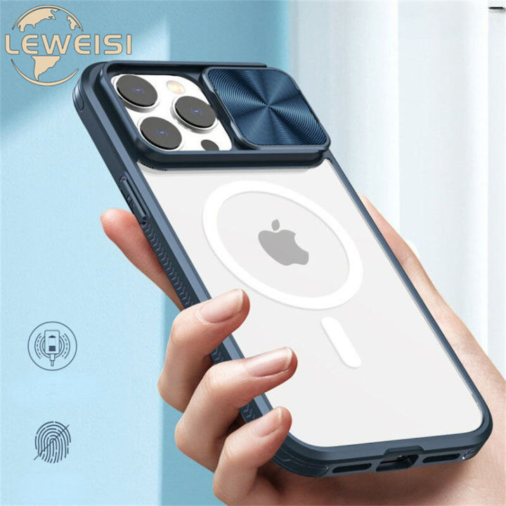 Leweisi Slide Cover Camera Protection Clear Case for Apple iPhone 15 14 13  12 11 Pro Max Plus Transparent Back Cover with MagSafe Phone Case