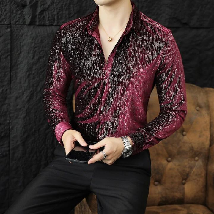 Fashion Men's Velvet Shirts Shiny Dance Clothes For Men Luxury Elegant Mens Dress Shirts Spring Autumn Long Sleeve Casual Blouse