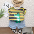 【LuckyBabyFans Store】（NEW）Children's set for boys summer stylish and handsome baby boy's clothing Striped cartoon crocodile Top shorts sets. 