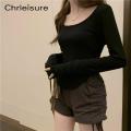 CHRLEISURE Women Irregular T-Shirts Long Sleeve Casual Spring Autumn Solid Crop Tops Square Neck Fashion Slim Tees Shirts New.