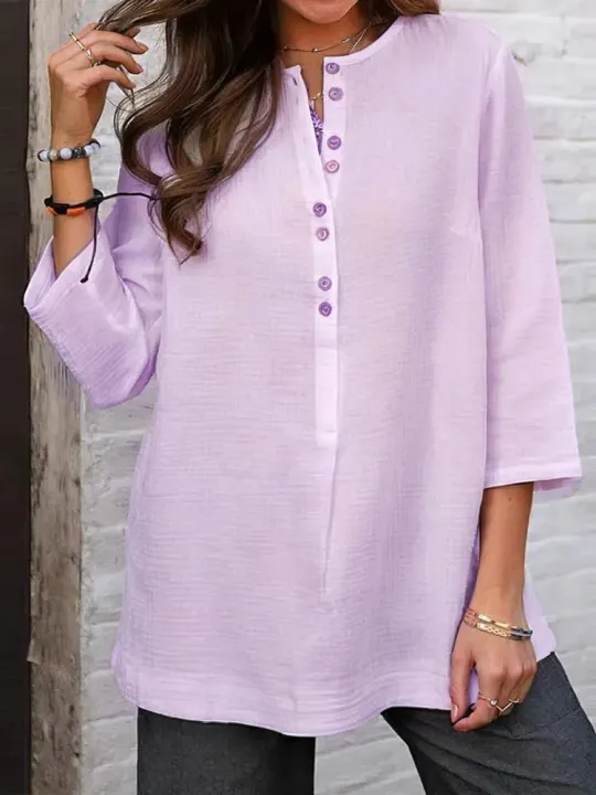 Whimsical%20White:%20Casual%20Tunic%20with%20Buttons%20and%20O-Neck%20-%20Image%204
