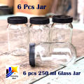 250ml, 06/12 pcs glass jar for kitchen & dining. Glassware Food Container with New Black Cap..