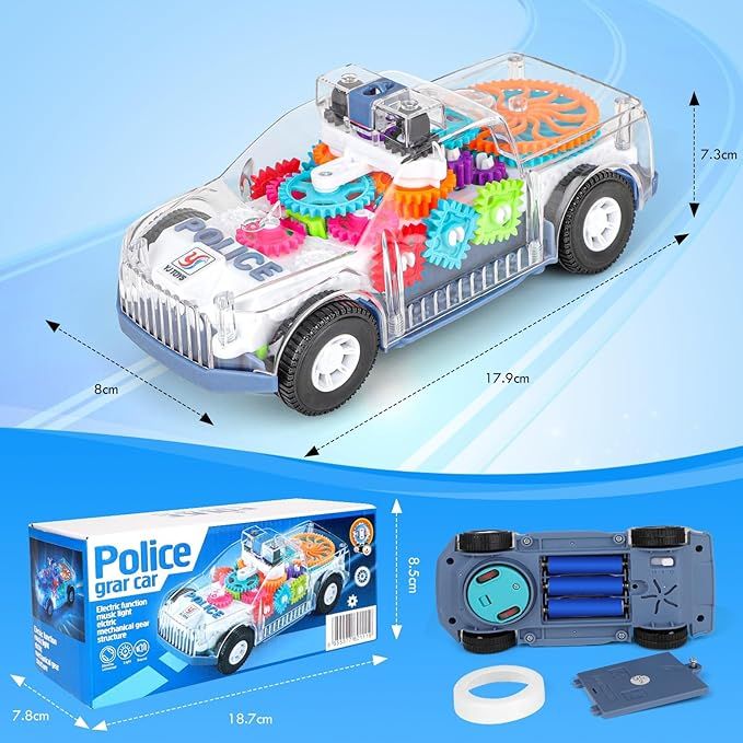 KC Electric Police Car Toy with Lights and Music, Auto Driving, Transparent Gears, Battery Operated, Ages 3-8 Years, Kids Gifts