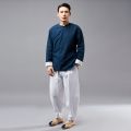 New Round Neck Pulling Sleeves, Ramie Men's Long sleeved Top, Ma Fan Cloth, Ethnic Style, Solid Color Tang Dress.
