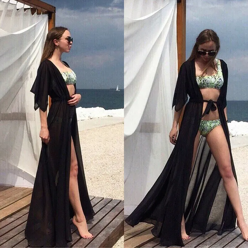 Red Beach Long Dress Summer Women Bikini Cover Up Chiffon