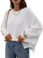 Funne eshopWomen Autumn Loose Knitwear, Solid Color Long Sleeve Round Neck Slit Hem Elegant Sweater. 
