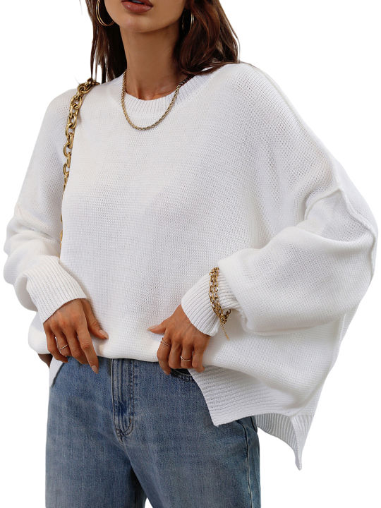 Funne%20eshopWomen%20Autumn%20Loose%20Knitwear,%20Solid%20Color%20Long%20Sleeve%20Round%20Neck%20Slit%20Hem%20Elegant%20Sweater%20-%20Image%209