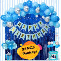 Happy Birthday Decoration Combo Pack – Blue Backdrop Foil Curtain, Light Blue Paper Birthday Banner With Metallic Balloons.